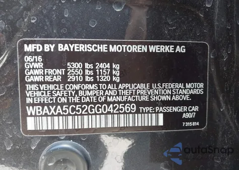 2016 BMW 535D из США, поврежденный, VIN WBAXA5C52GG042569